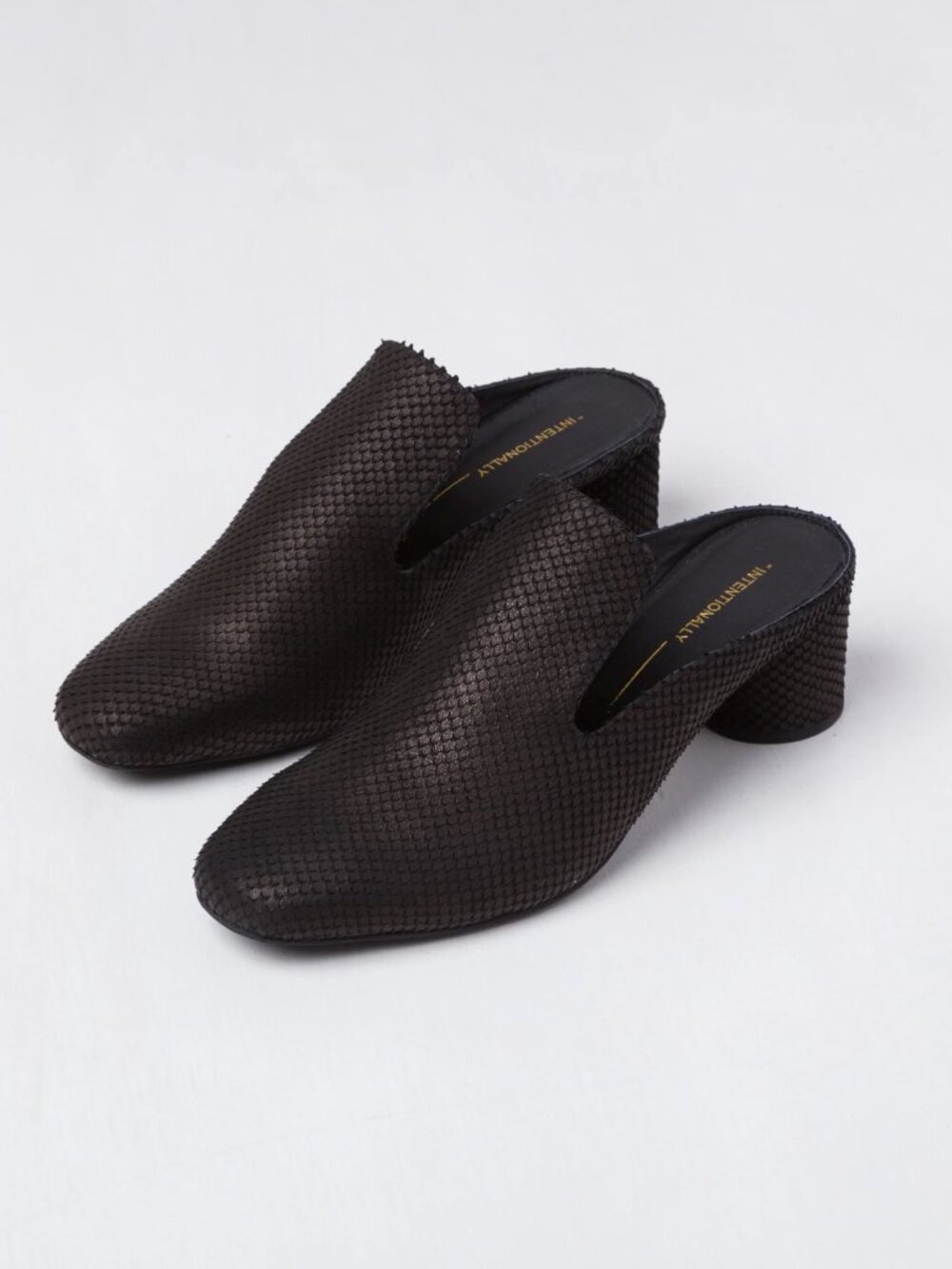 Intentionally Blank Gate Heeled Mule in Black Reptile